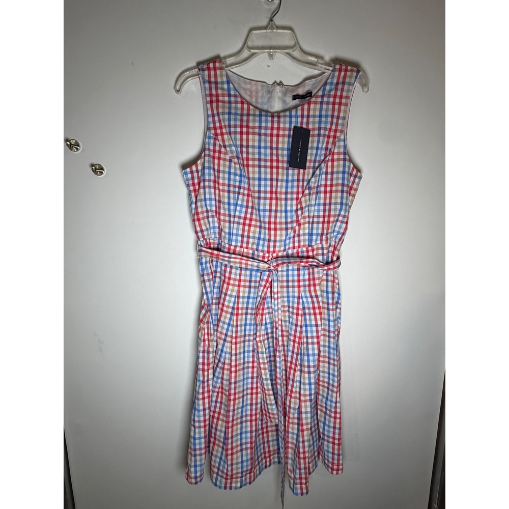 Tommy Hilfiger Red Blue Plaid Cotton Fit & Flare Belted Dress Size 8